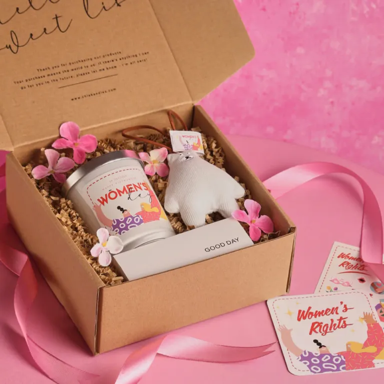 Glass Jar Scented Candle Gift Set With Cute Pin / Keychain / Bear Charm, "Women's Rights" Collection, Handmade Candle, Meaningful Gift For Women