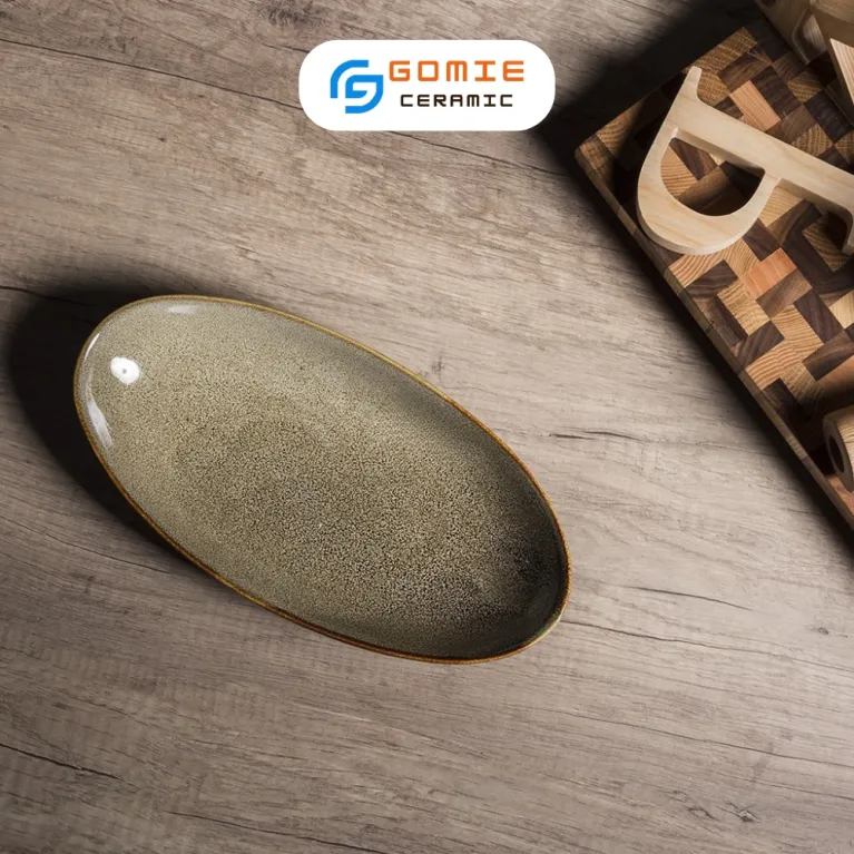 Đĩa Xoài Men Gấm Vàng Hỏa Biến, 30 x 15Cm, Gốm Sứ Bát Tràng, Đĩa Xoài Dáng Bầu, Khay Gốm Men Hỏa Biến, Đĩa Gốm Nghệ Thuật, Đồ Gốm Thủ Công Trang Trí
