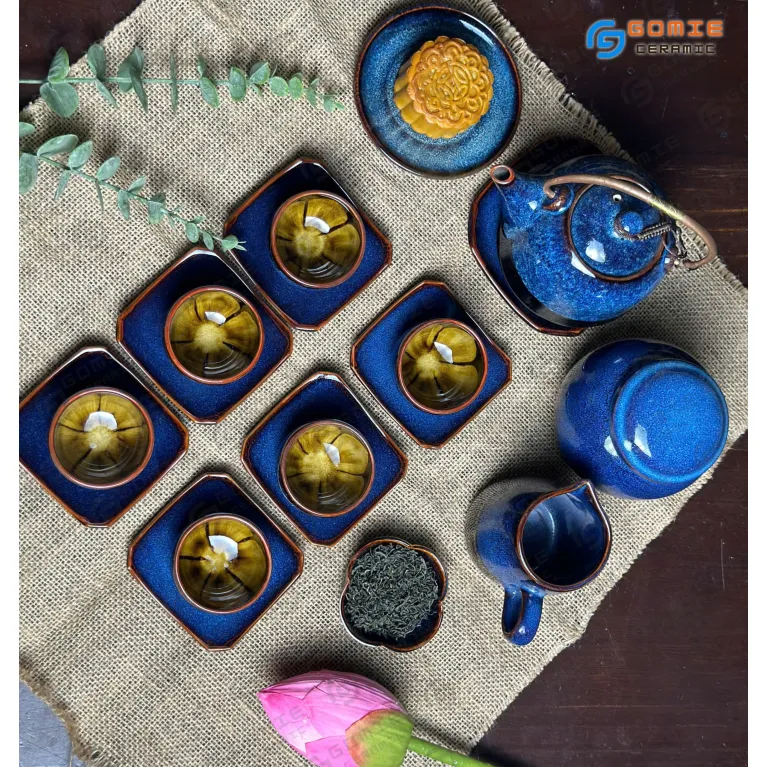 Bộ Ấm Bầu Gốm Sứ Men Xanh Biển Hỏa Biến 7 Món, Gốm Sứ Bát Tràng, Đầy Đủ Phụ Kiện Bàn Trà, Chén Đúc Lòng Hoa, Bình Gốm Nghệ Thuật, Quà Tân Gia Tinh Tế