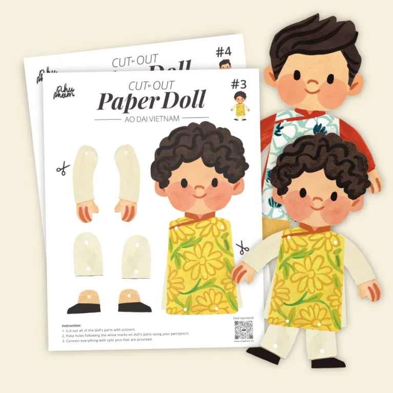 Búp Bê Nam Áo Dài Việt Nam Giấy Cắt Ghép, Hình Vẽ Tay Xinh Xắn, Đồ Chơi Cắt Giấy, Đồ Chơi DIY, Giấy Ivory Cao Cấp, Quà Tặng Cho Bé, Quà Tặng Độc Đáo