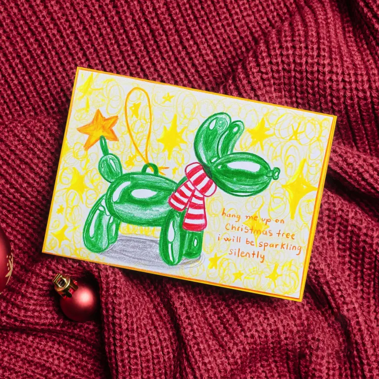 Celebrate Christmas with the "Green Puppy" Hand-Drawn Card, a unique design with original artwork. Comes with an envelope and stickers, making it a perfect, thoughtful Christmas gift!