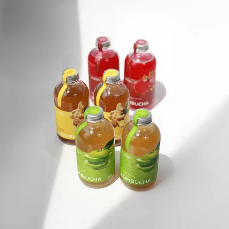 Discover the Set of 6 Olaben Kombucha Bottles, a universe of flavors crafted from fermented tea, packed with natural ingredients, good for your digestive system, and the perfect health gift!