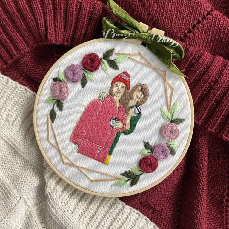 The Personalized Two People With Flower & Text Embroidery Frame adds a touch of color to lasting memories, featuring handmade canvas embroidery, making it the perfect personalized gift for any special occasion