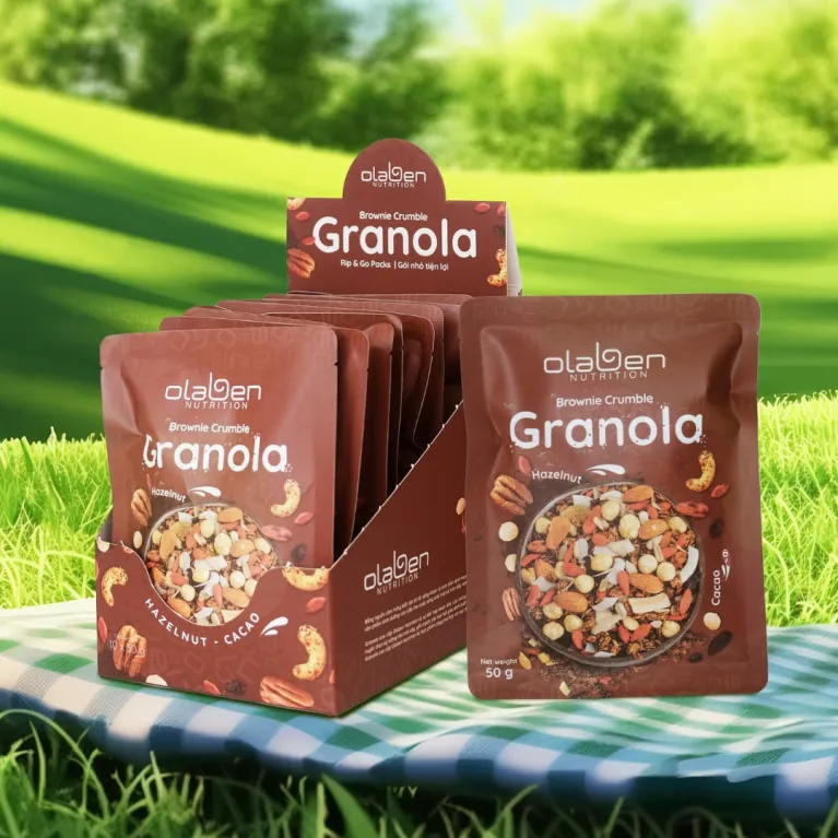 Savor the indulgent Brownie Crumble Granola—a pack of 10 cocoa-infused delights featuring nutritious grains, perfect as a diet-friendly, healthy snack or convenient meal option with its irresistible flavor and wholesome goodness