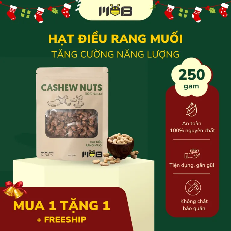 MOB Salted Cashew Bag (250g) is a delicious and nutritious healthy snack, packed with energy-boosting benefits and featuring the finest cashews from Bình Phước, making it the perfect Vietnamese gift