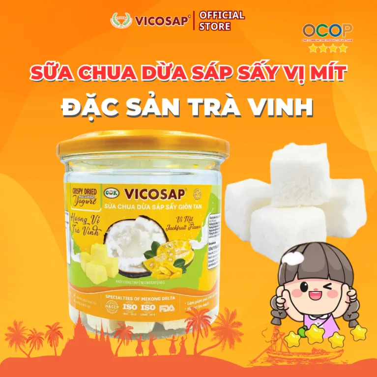 Sữa Chua Dừa Sáp Vị Trái Cây, lọ 60g, với hương vị đặc sản ngon lành, là sữa chua sấy khô cao cấp, sản phẩm từ dừa sáp, đặc sản Trà Vinh