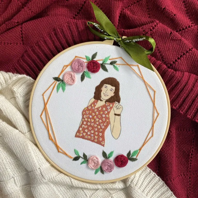 The Personalized Portrait with Flower & Text Embroidery Frame is a unique handmade canvas embroidery that transports you into the art, making it the perfect personalized gift for a birthday