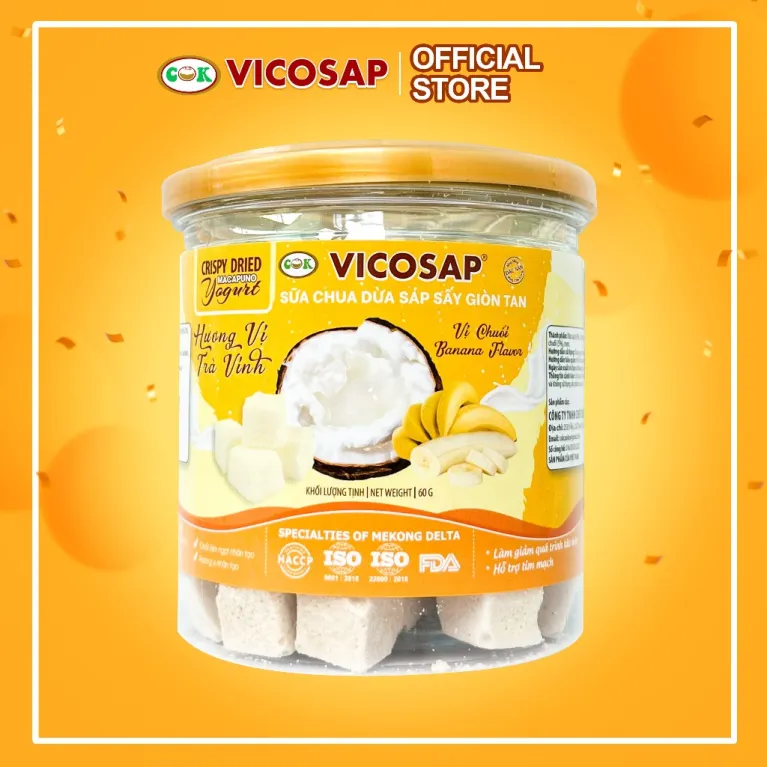 Sữa Chua Dừa Sáp Vị Trái Cây, lọ 60g, với hương vị đặc sản ngon lành, là sữa chua sấy khô cao cấp, sản phẩm từ dừa sáp, đặc sản Trà Vinh