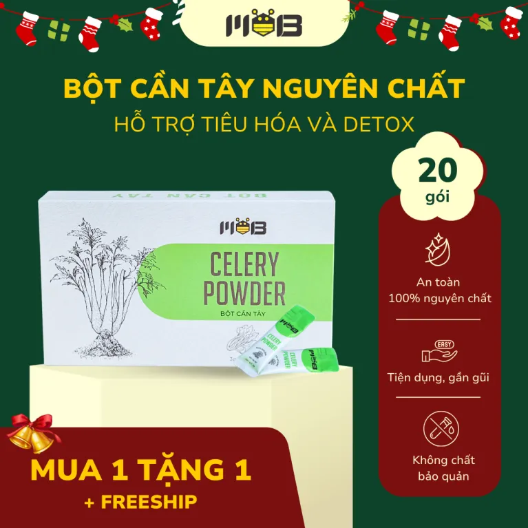 Bột Cần Tây Nguyên Chất MOB trong Hộp 20 Gói mang đến hương vị đặc trưng của bột cần tây, giúp giảm huyết áp, thanh lọc cơ thể, và là lựa chọn tuyệt vời cho một bột cần tây detox, trở thành món quà tặng sức khỏe đầy ý nghĩa cho người thân