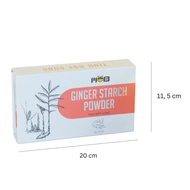 Tinh Bột Gừng Nguyên Chất MOB với hộp 20 gói tiện lợi, mang đến hương vị nồng nàn & ấm áp từ gừng Bình Phước, giúp tăng cường đề kháng và chăm sóc sức khỏe với thành phần tự nhiên, là món quà tặng sức khỏe tuyệt vời cho bạn và người thân.