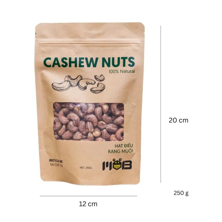 MOB Salted Cashew Bag (250g) is a delicious and nutritious healthy snack, packed with energy-boosting benefits and featuring the finest cashews from Bình Phước, making it the perfect Vietnamese gift