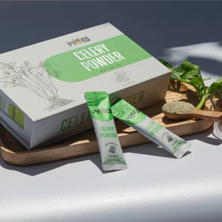 MOB Pure Celery Powder, available in 20 convenient packets, offers a distinctive flavor and serves as a natural detox and blood pressure aid, making it a perfect health gift and a thoughtful Vietnamese gift