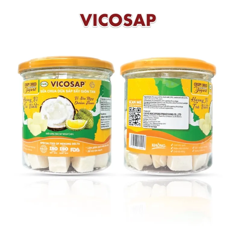 Sữa Chua Dừa Sáp Vị Trái Cây, lọ 60g, với hương vị đặc sản ngon lành, là sữa chua sấy khô cao cấp, sản phẩm từ dừa sáp, đặc sản Trà Vinh