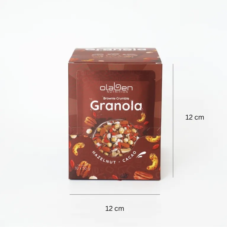 Savor the indulgent Brownie Crumble Granola—a pack of 10 cocoa-infused delights featuring nutritious grains, perfect as a diet-friendly, healthy snack or convenient meal option with its irresistible flavor and wholesome goodness