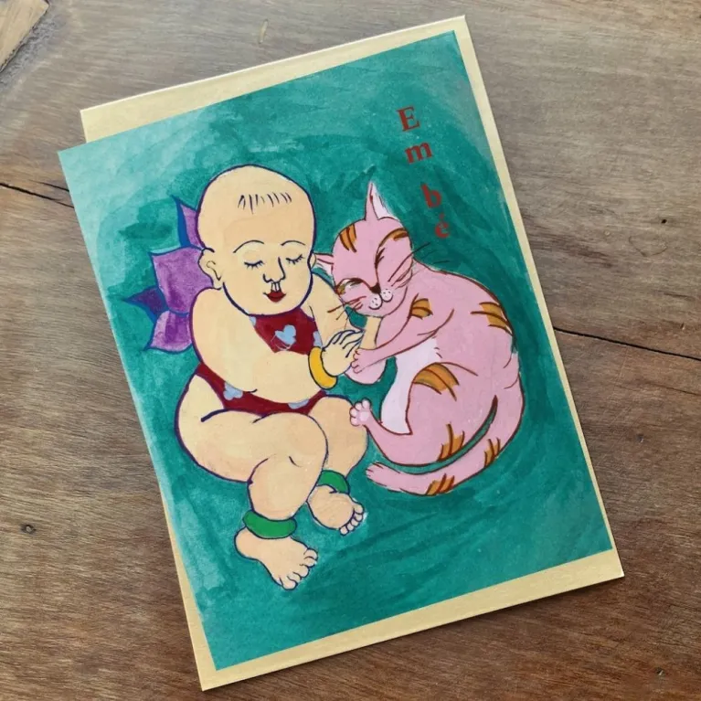 The "Babies Love Sleeping" Postcard, featuring a meaningful message about emotions and adorned with traditional folk art, is a beautifully crafted Vietnamese gift and souvenir, complete with an envelope to share the charm of Vietnamese art