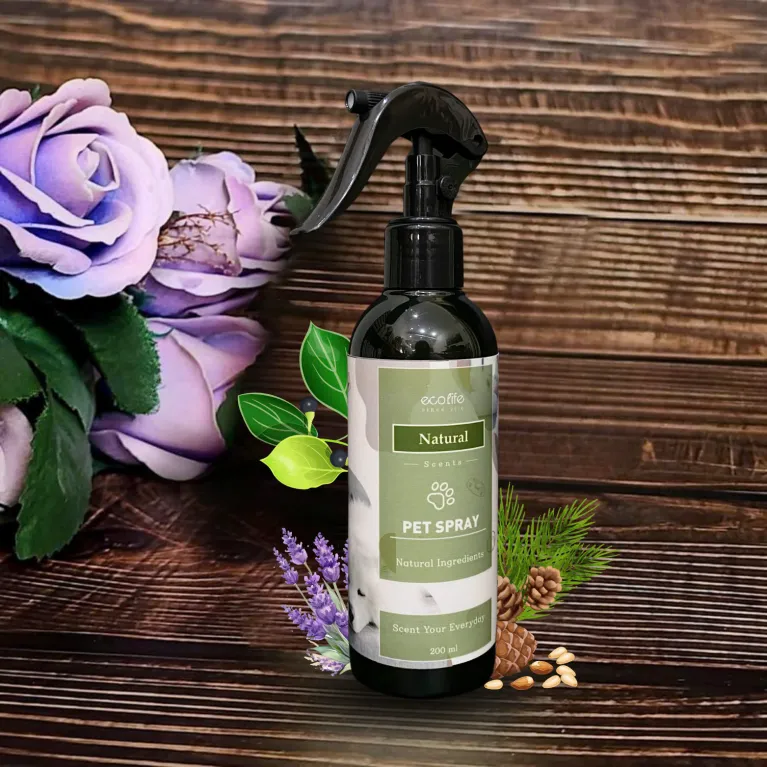 Natural Pet Spray with a relaxing wood & floral scent is the perfect pet odor eliminator and toy cleaning spray, made with natural ingredients - a thoughtful gift for pets that ensures freshness and safety.