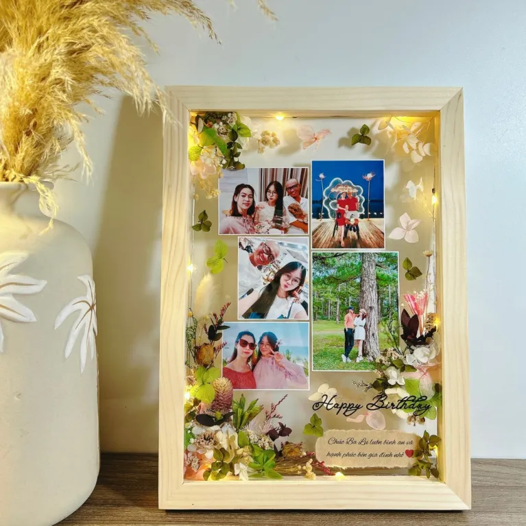A Custom Photo with Dried Flower Frame beautifully combines handmade flower art and personalization, creating a unique way to preserve precious moments- a thoughtful gift for her that turns memories into timeless custom dried flower art.