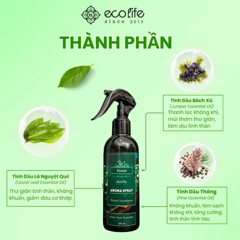 Chai xịt thơm phòng hương Forest (200ml) còn có thể dùng để khử mùi vải và xịt thơm xe hơi, với thành phần tự nhiên lành tính, an toàn cho sức khỏe.