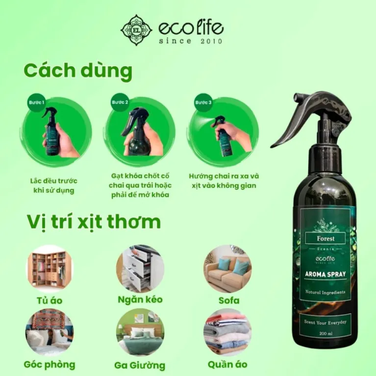 Chai xịt thơm phòng hương Forest (200ml) còn có thể dùng để khử mùi vải và xịt thơm xe hơi, với thành phần tự nhiên lành tính, an toàn cho sức khỏe.