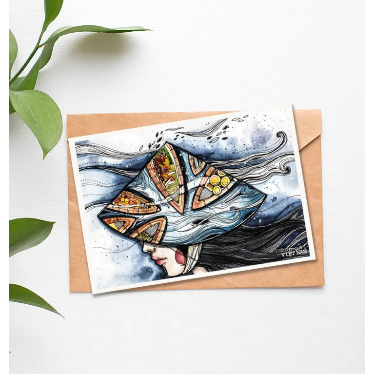 This impressive A6 Vietnam postcard, featuring artistic strokes of ethnic imprints, comes with an envelope and makes a perfect Vietnamese gift or souvenirs