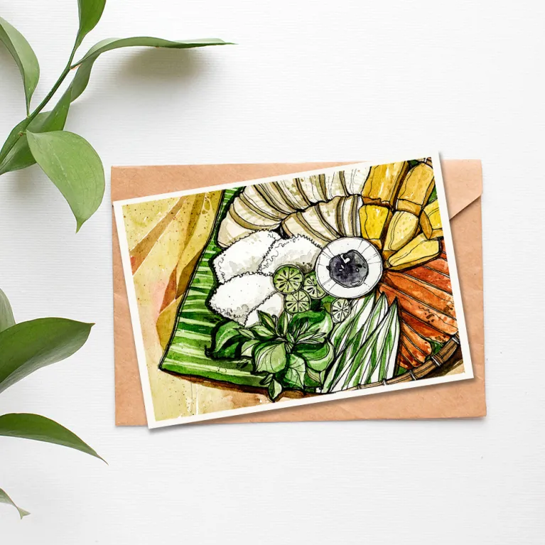 This impressive A6 Vietnam postcard, featuring artistic strokes of ethnic imprints, comes with an envelope and makes a perfect Vietnamese gift or souvenirs