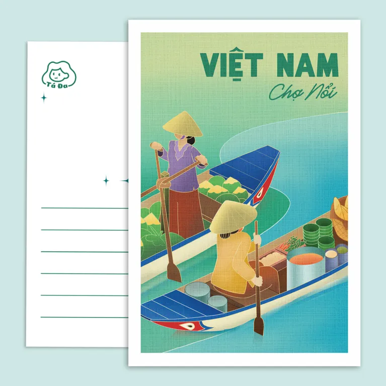Vietnamese Floating Market Postcard – a glittering tribute to the Mekong Delta’s vibrant life, featuring unique artwork and a matching envelope, A perfect Vietnamese gift