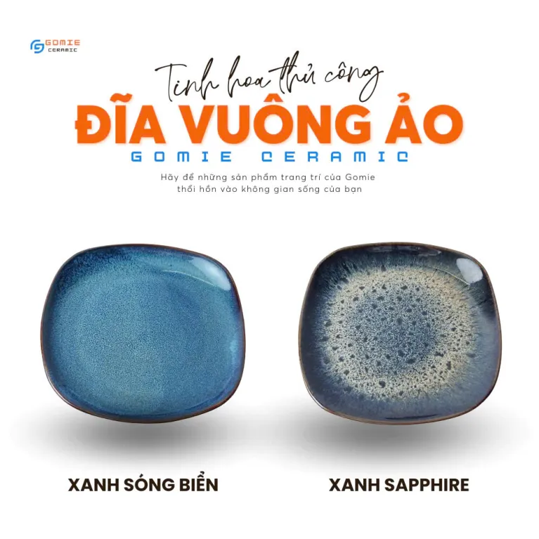 Đĩa Vuông Ảo Gốm Bát Tràng Hỏa Biến với đường nét uyển chuyển, sang trọng, là lựa chọn hoàn hảo cho nhà hàng, đĩa ăn gia đình lẫn quà lưu niệm.