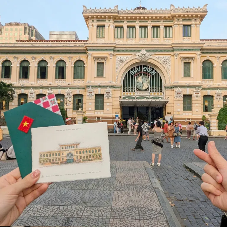 Ho Chi Minh Central Post Office Handmade Postcard from the I Love Saigon Collection showcases its vintage architectural charm in a hand-drawn postcard with envelope, a perfect souvenir for city lovers.