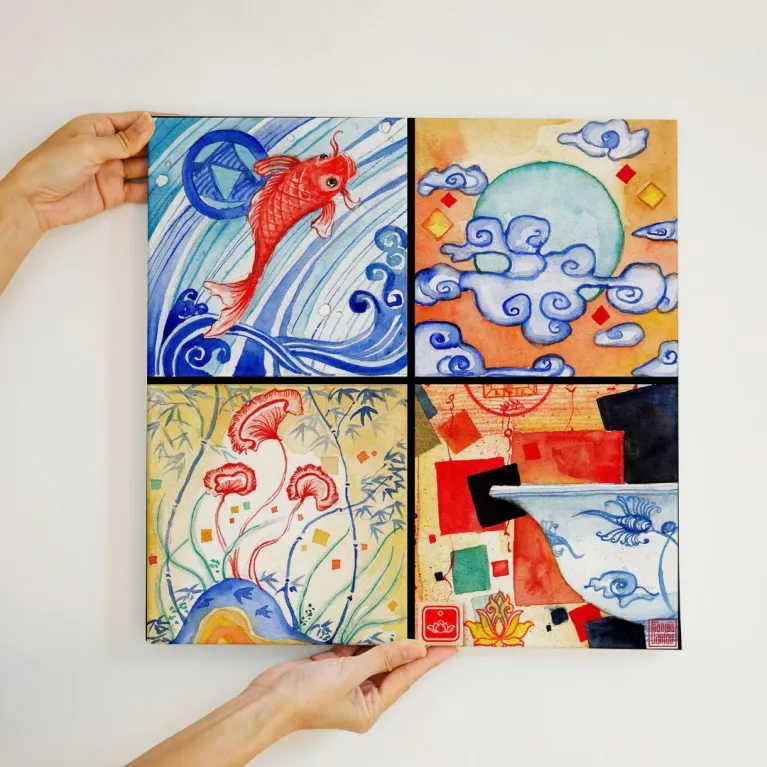 This 30x30cm Vietnamese lacquer painting beautifully captures the essence of Vietnam, making it a perfect artistic decorative piece and a meaningful Vietnamese-themed souvenir