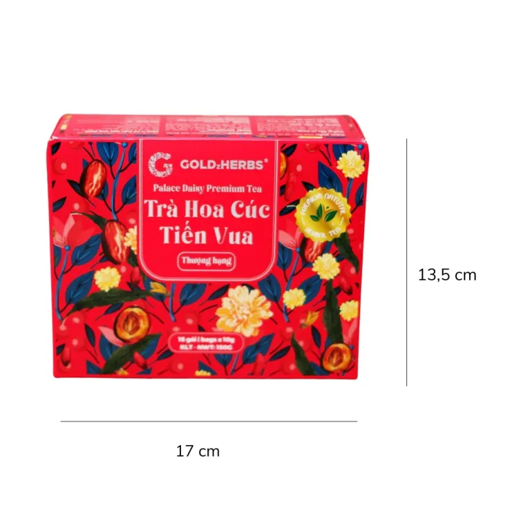 Trà Hoa Cúc Tiến Vua – thức uống kết hợp nhiều loại thảo mộc, mang đến vị thanh tao thượng hạng, dịu nhẹ và ngọt tự nhiên, là món quà tặng sức khỏe đầy ý nghĩa.