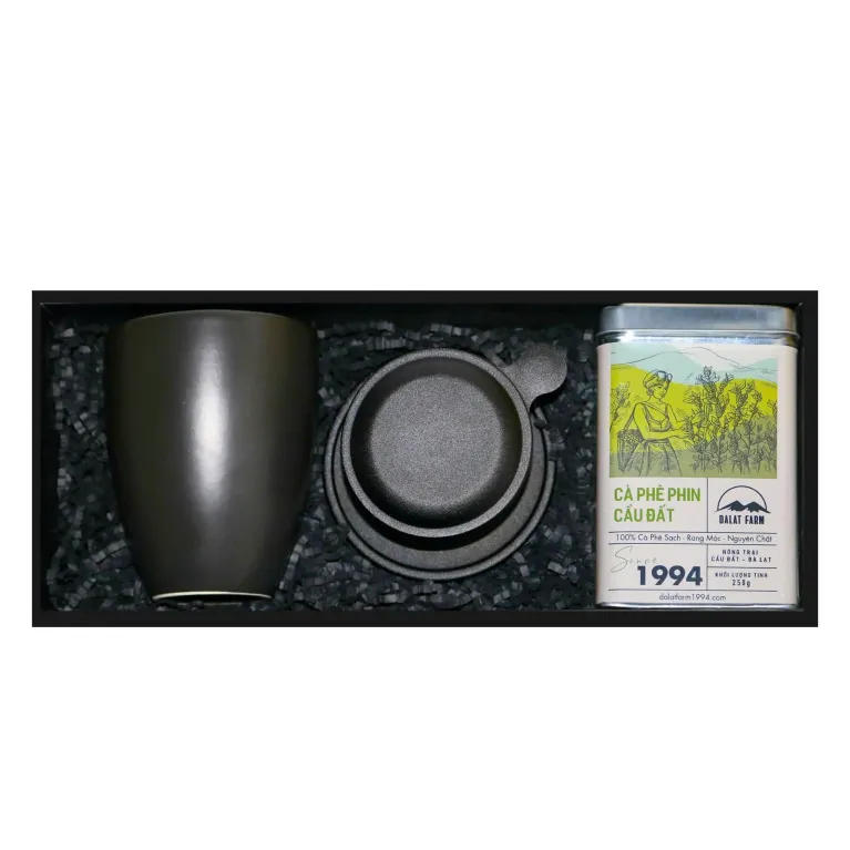 "Just Coffee" gift box – coffee gift set with Vietnamese coffee filter and ceramic mug, conquering Vietnamese coffee lovers with a unique birthday gift for him.