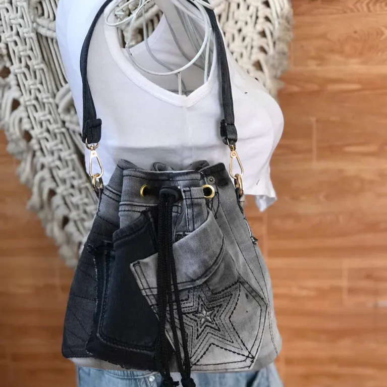 Gray tie-dye bucket bag from old jeans offers unique color palette for your style, creating an upcycled jeans accessory as impressive birthday gift and handcrafted gift.