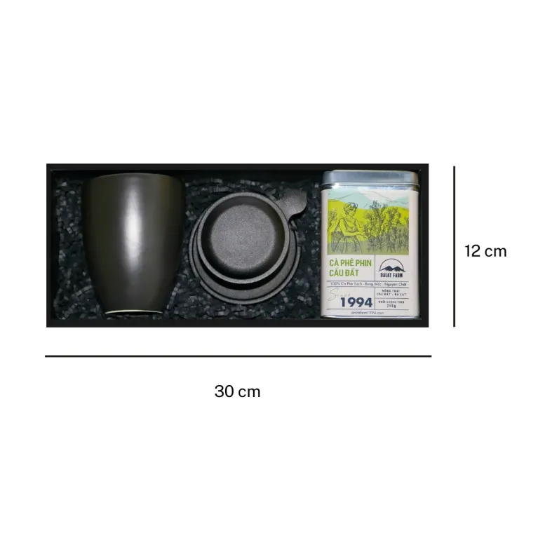 "Just Coffee" gift box – coffee gift set with Vietnamese coffee filter and ceramic mug, conquering Vietnamese coffee lovers with a unique birthday gift for him.