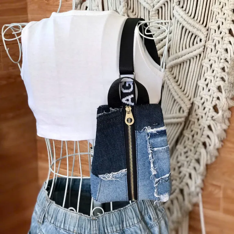 K1 crossbody bag from old jeans features unique backpack-style design, creating an upcycled jeans handbag in eco-fashion as unique handmade gift and birthday gift