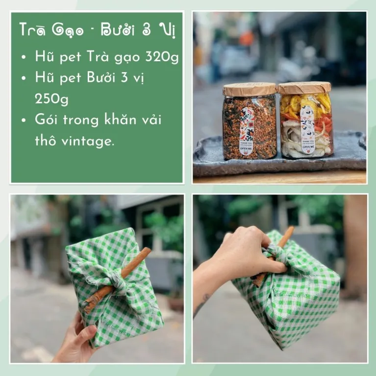 Hộp quà vỏ bưởi sấy và trà gạo lứt mang đậm đà hương vị Việt, được đóng gói tinh tế trong hộp quà quấn khăn cổ điển, chứa thành phần tự nhiên an toàn, là set quà đặc sản truyền thống và món quà tặng tốt cho sức khỏe.
