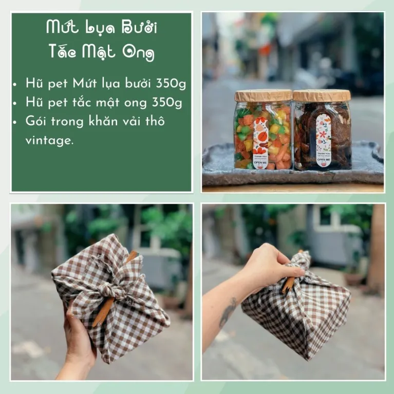 Candied pomelo pith and honey kumquat gift box delivers rich authentic flavors in traditional checkered scarf-wrapped packaging, offering Vietnamese specialty treats as healthy snacks and wellness gifts