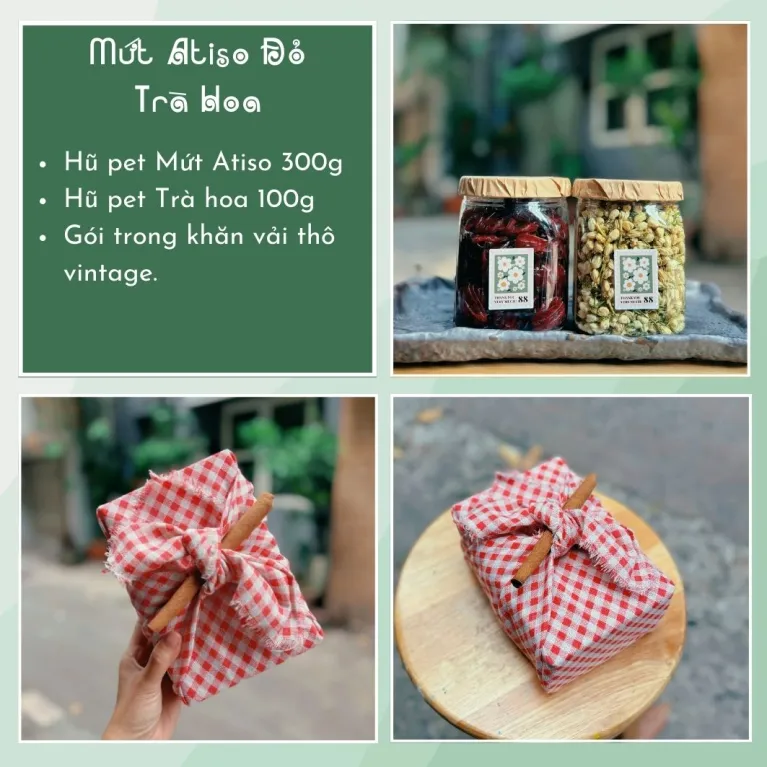 Hộp quà mứt atiso và trà hoa với vị nhẹ nhàng gửi gắm yêu thương, được đóng gói trong hộp quà quấn khăn độc đáo, là món ăn vặt lành mạnh, quà tặng tốt cho sức khỏe và set quà đặc sản truyền thống của Việt Nam.