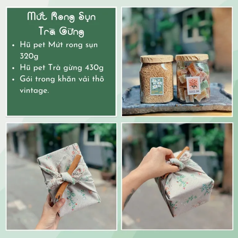 Hộp quà mứt rong sụn và trà gừng mang đến trải nghiệm say đắm với những hương vị đặc sản hiếm có, được đóng gói trong hộp quà cột khăn vintage tinh tế, là món ăn vặt tốt cho sức khỏe và set quà tặng đặc sản độc đáo của Việt Nam.