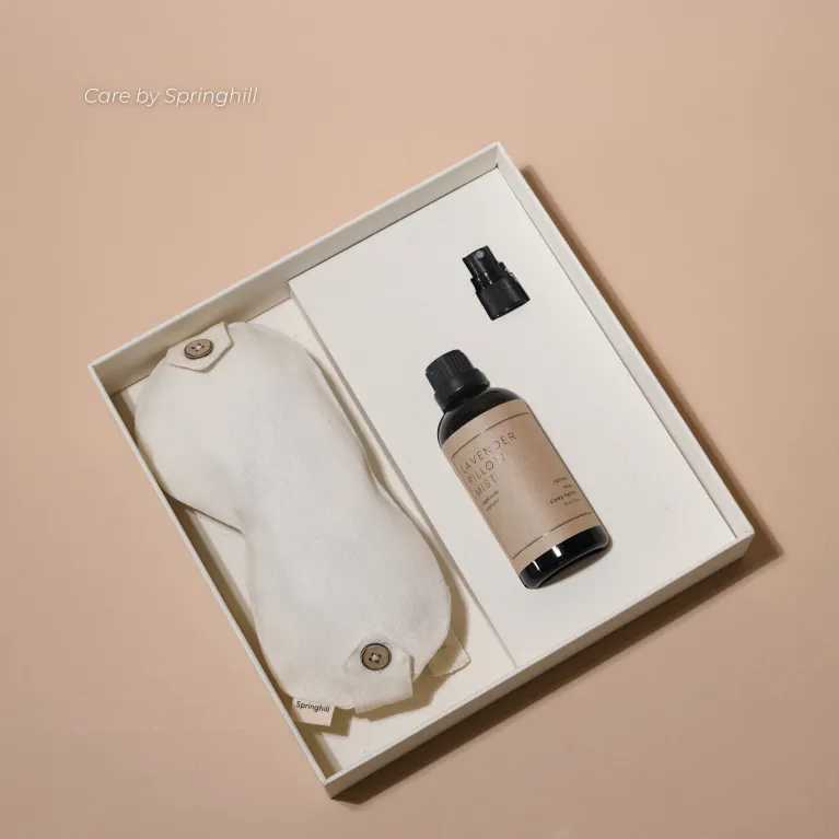 "Care Box" sleep well gift set provides relaxing and energy renewal with eye pillow and fabric spray gift set made from natural ingredients, making lovely health-focused birthday gifts.