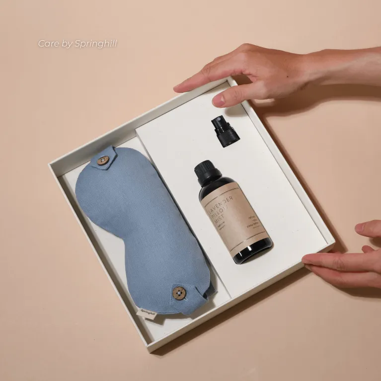 "Care Box" sleep well gift set provides relaxing and energy renewal with eye pillow and fabric spray gift set made from natural ingredients, making lovely health-focused birthday gifts.