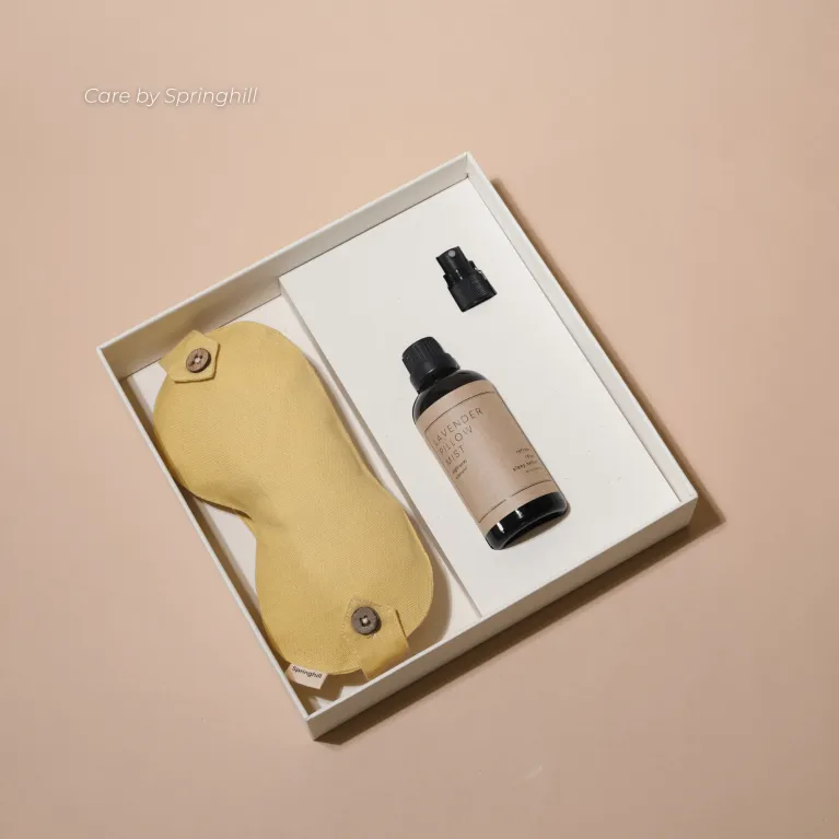"Care Box" sleep well gift set provides relaxing and energy renewal with eye pillow and fabric spray gift set made from natural ingredients, making lovely health-focused birthday gifts.