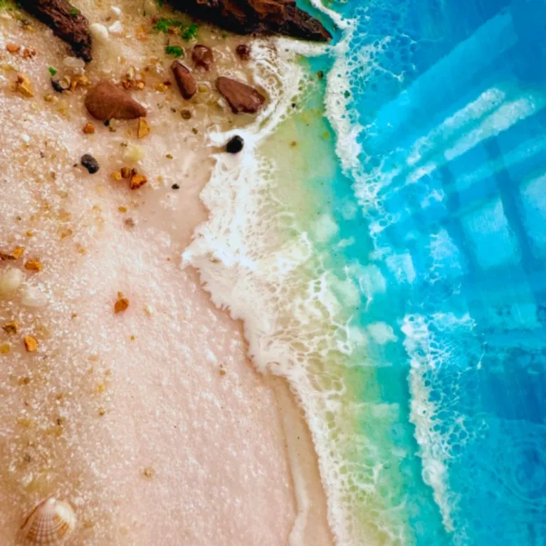 3D epoxy resin beach painting captures vibrant ocean beauty through lifelike dimensional effects, showcasing exquisite handcraftsmanship as distinctive home decor, impressive artistic gift and unique housewarming present.