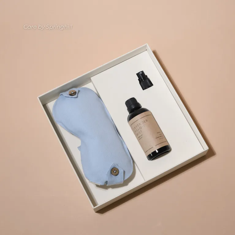 "Care Box" sleep well gift set provides relaxing and energy renewal with eye pillow and fabric spray gift set made from natural ingredients, making lovely health-focused birthday gifts.