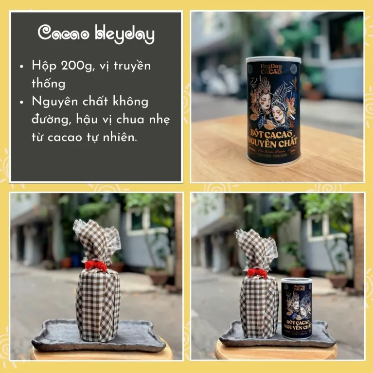 HeyDay pure cacao powder gift 200g packaged with original authentic flavor in a premium jar wrapped with Vietnamese plaid scarf, making a distinctive Vietnamese specialty gift.