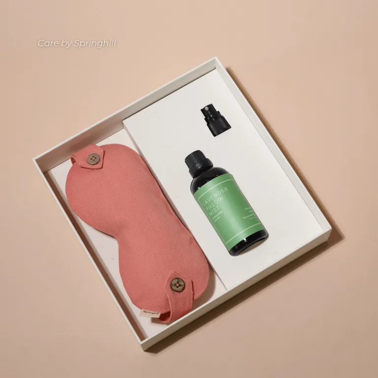 "Care Box" sleep well gift set provides relaxing and energy renewal with eye pillow and fabric spray gift set made from natural ingredients, making lovely health-focused birthday gifts.