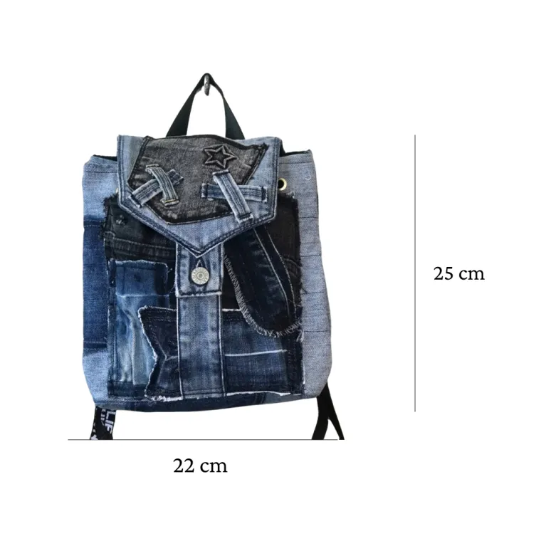 Diagonal pattern mini backpack repurposed from old jeans features bold linear elements, combining denim style with durable fabric construction as sustainable fashion accessory and uniquely creative handcrafted birthday gift