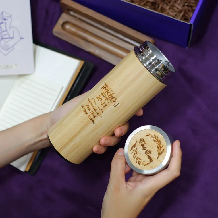 Personalized Imprint gift box preserves genuine emotions through custom engraving, featuring elegant bamboo tumbler with leather notebook and premium pen