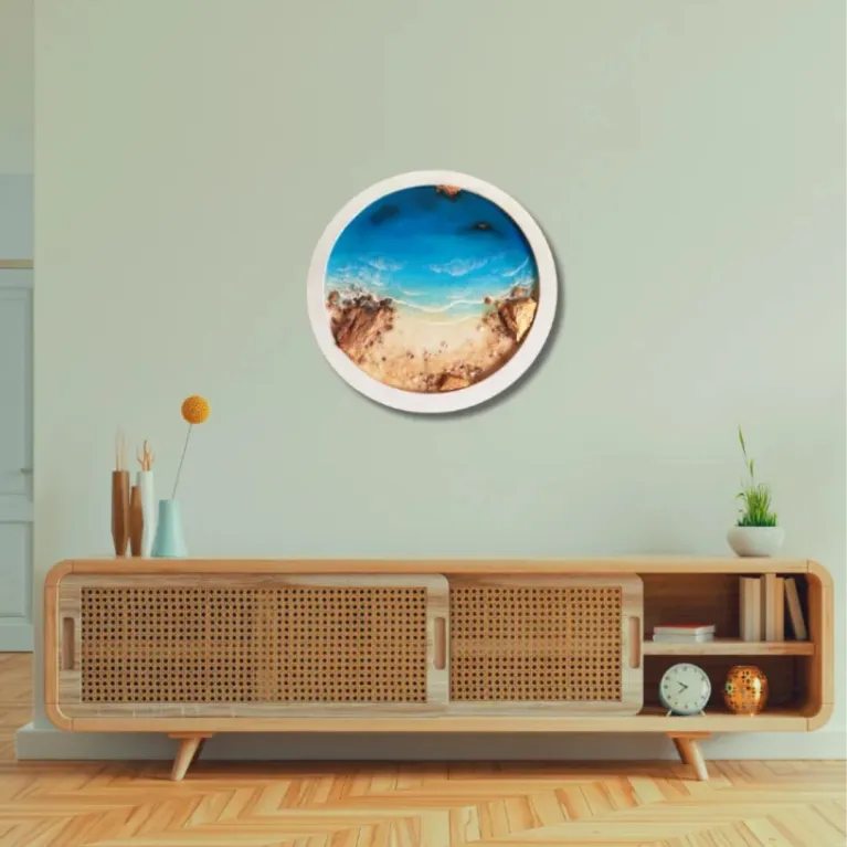 "Sunrise Over the Sea" epoxy resin art with 30cm round frame brings freshness to your corner, featuring 3D ocean painting as handcrafted wall art and impressive housewarming gift.