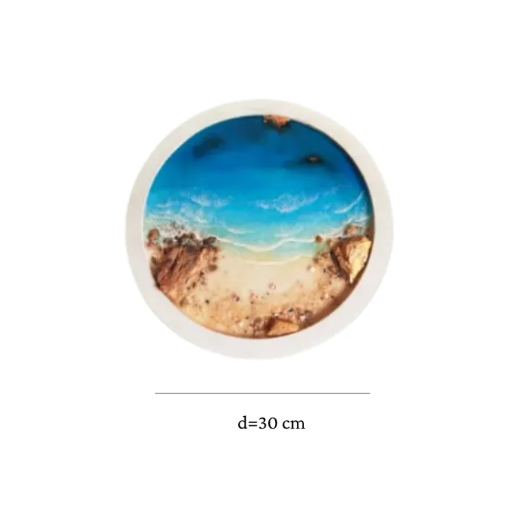 "Sunrise Over the Sea" epoxy resin art with 30cm round frame brings freshness to your corner, featuring 3D ocean painting as handcrafted wall art and impressive housewarming gift.