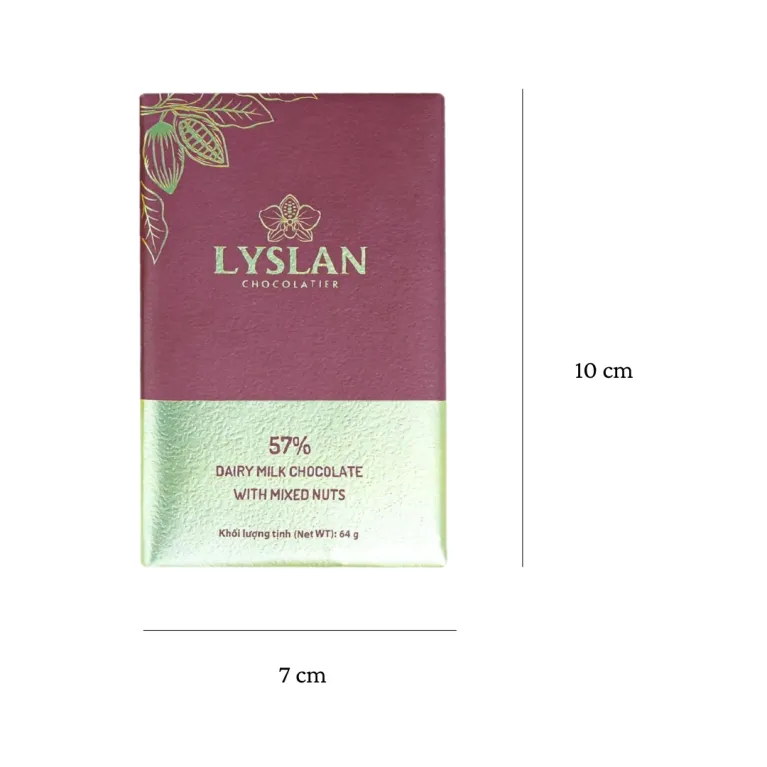 Dairy milk chocolate with mixed nuts 57% 64gr delivers rich creamy and crunchy melt finale, featuring Vietnamese chocolate made from pure Vietnamese cacao as a delicious Vietnam gift